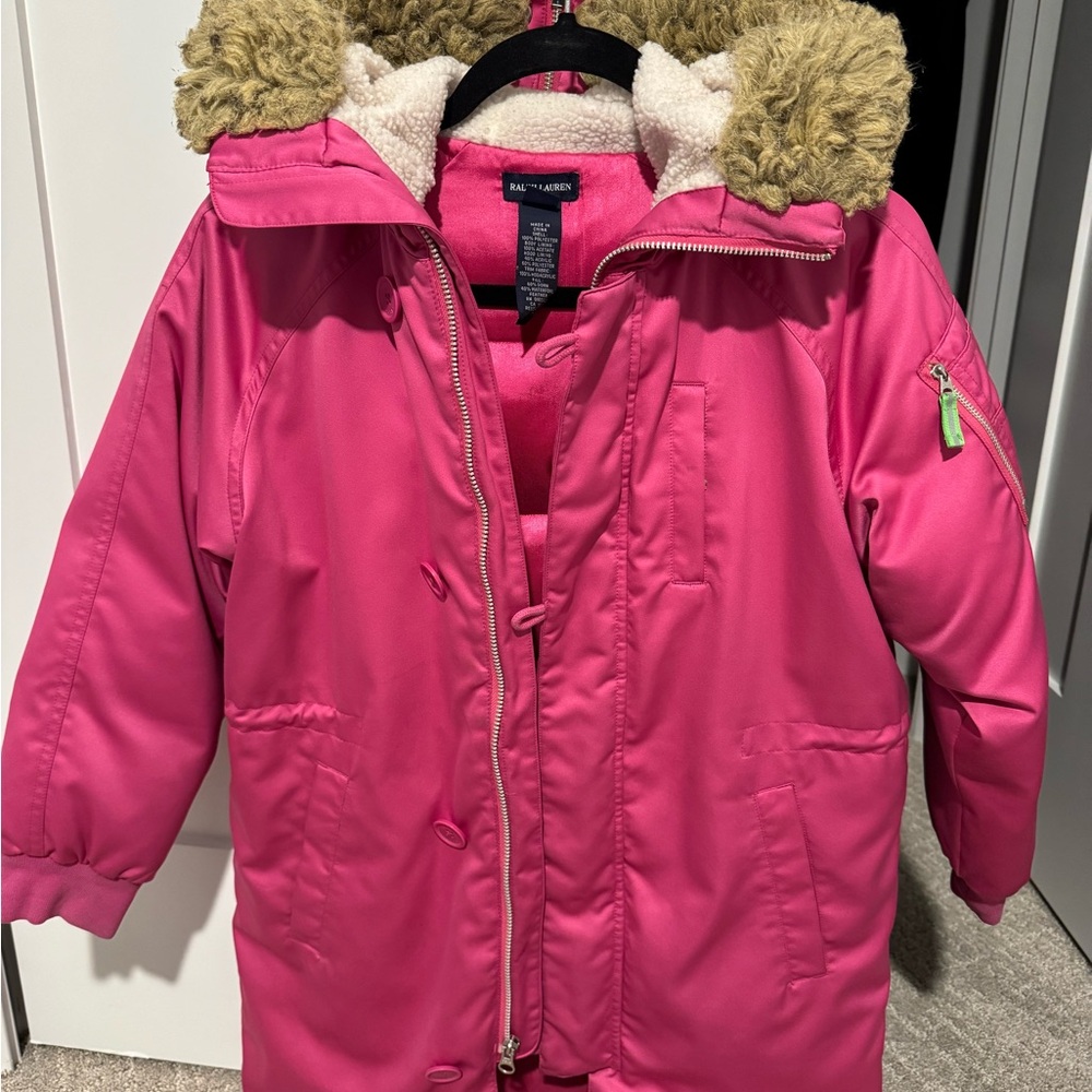 Ralph Lauren Pink Puffer Jacket with Faux Fur Hood